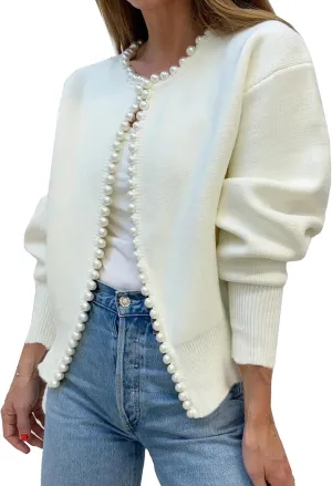 Kedera Womens Casual Pearl Cardigan 2025 Spring Elegant Embellished Long Sleeve Oversized Knit Sweater