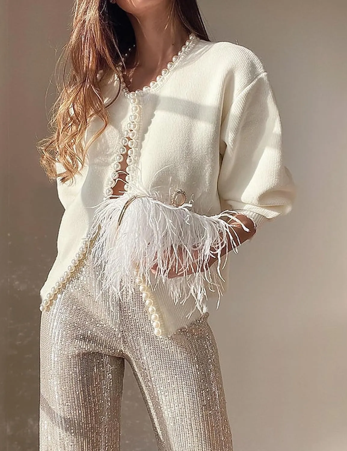 Kedera Womens Casual Pearl Cardigan 2025 Spring Elegant Embellished Long Sleeve Oversized Knit Sweater