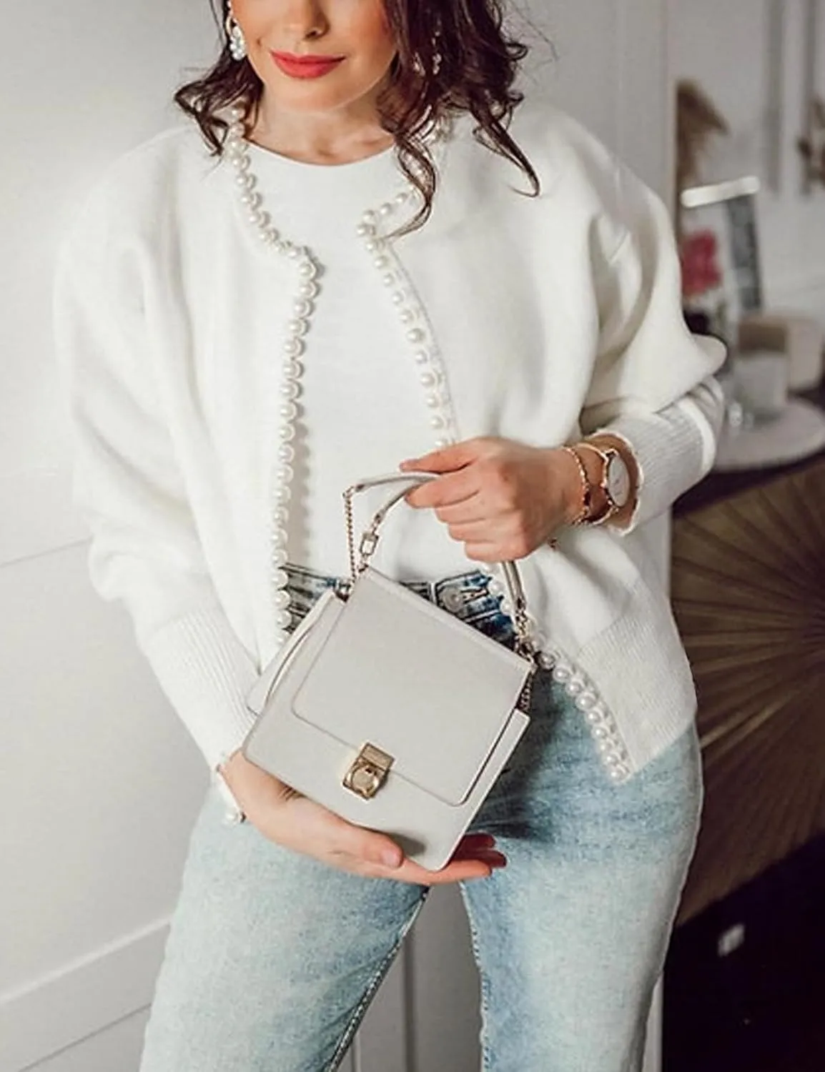 Kedera Womens Casual Pearl Cardigan 2025 Spring Elegant Embellished Long Sleeve Oversized Knit Sweater