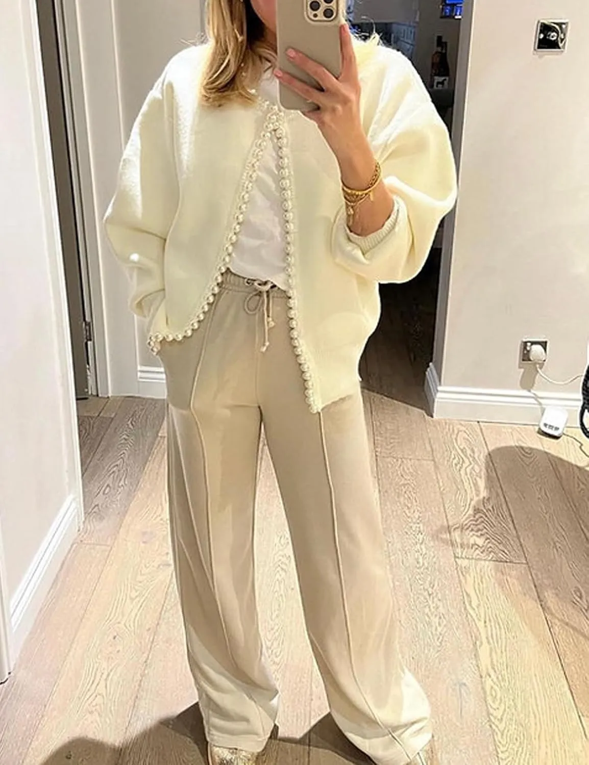 Kedera Womens Casual Pearl Cardigan 2025 Spring Elegant Embellished Long Sleeve Oversized Knit Sweater