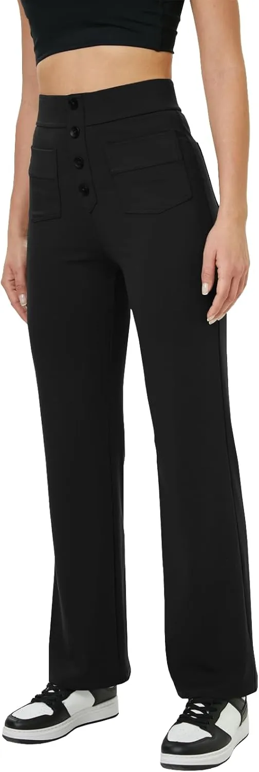 keriffe Women's Straight Leg Pants High Waisted Button Stretchy Business Work Casual Trousers Multiple Pockets