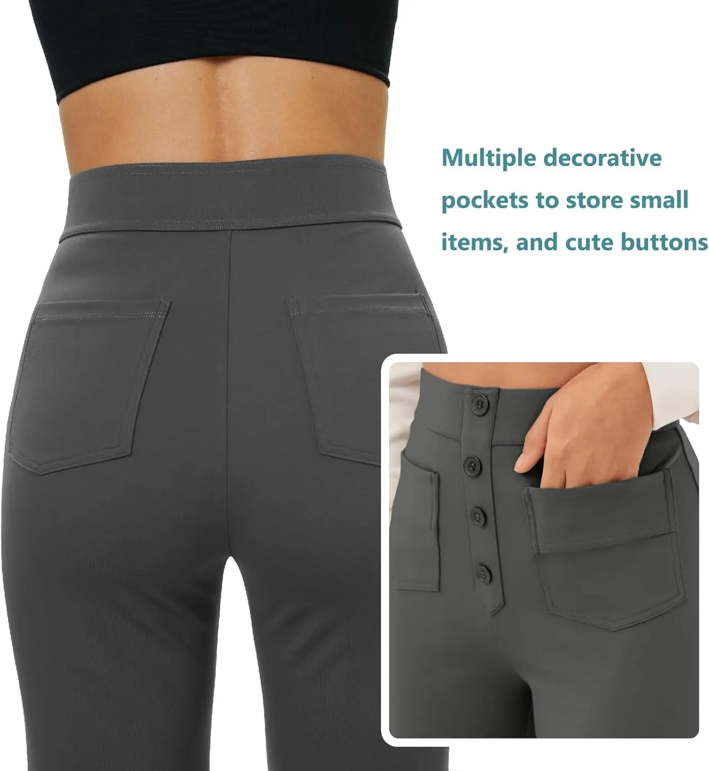 keriffe Women's Straight Leg Pants High Waisted Button Stretchy Business Work Casual Trousers Multiple Pockets