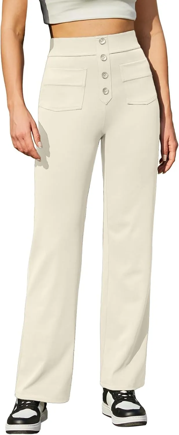 keriffe Women's Straight Leg Pants High Waisted Button Stretchy Business Work Casual Trousers Multiple Pockets