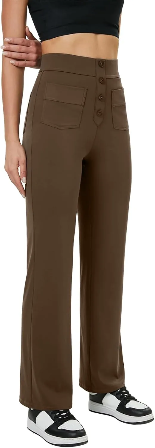 keriffe Women's Straight Leg Pants High Waisted Button Stretchy Business Work Casual Trousers Multiple Pockets