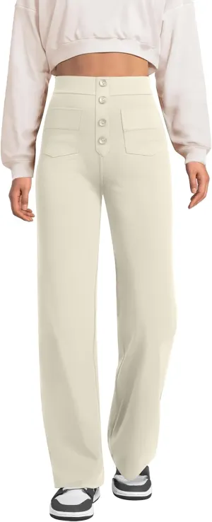 keriffe Women's Straight Leg Pants High Waisted Button Stretchy Business Work Casual Trousers Multiple Pockets