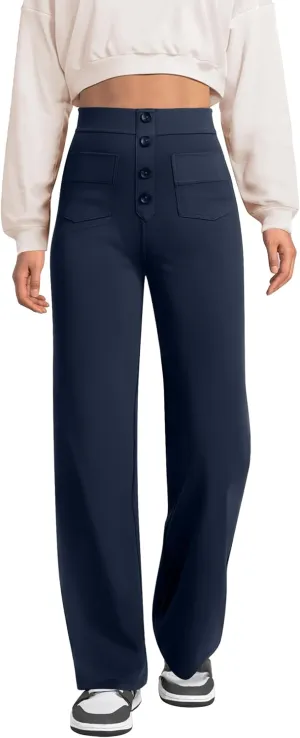 keriffe Women's Straight Leg Pants High Waisted Button Stretchy Business Work Casual Trousers Multiple Pockets