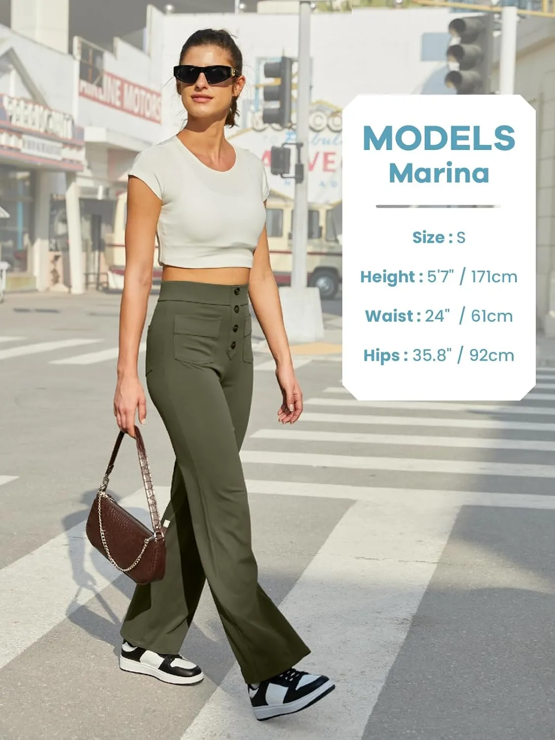 keriffe Women's Straight Leg Pants High Waisted Button Stretchy Business Work Casual Trousers Multiple Pockets