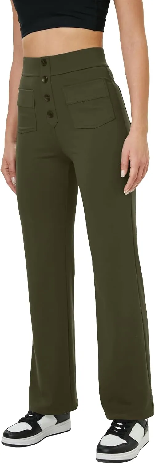 keriffe Women's Straight Leg Pants High Waisted Button Stretchy Business Work Casual Trousers Multiple Pockets
