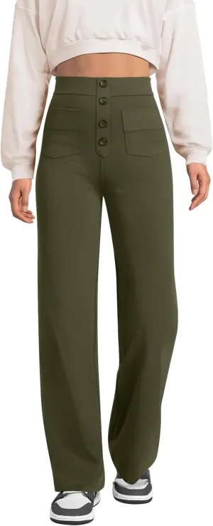 keriffe Women's Straight Leg Pants High Waisted Button Stretchy Business Work Casual Trousers Multiple Pockets