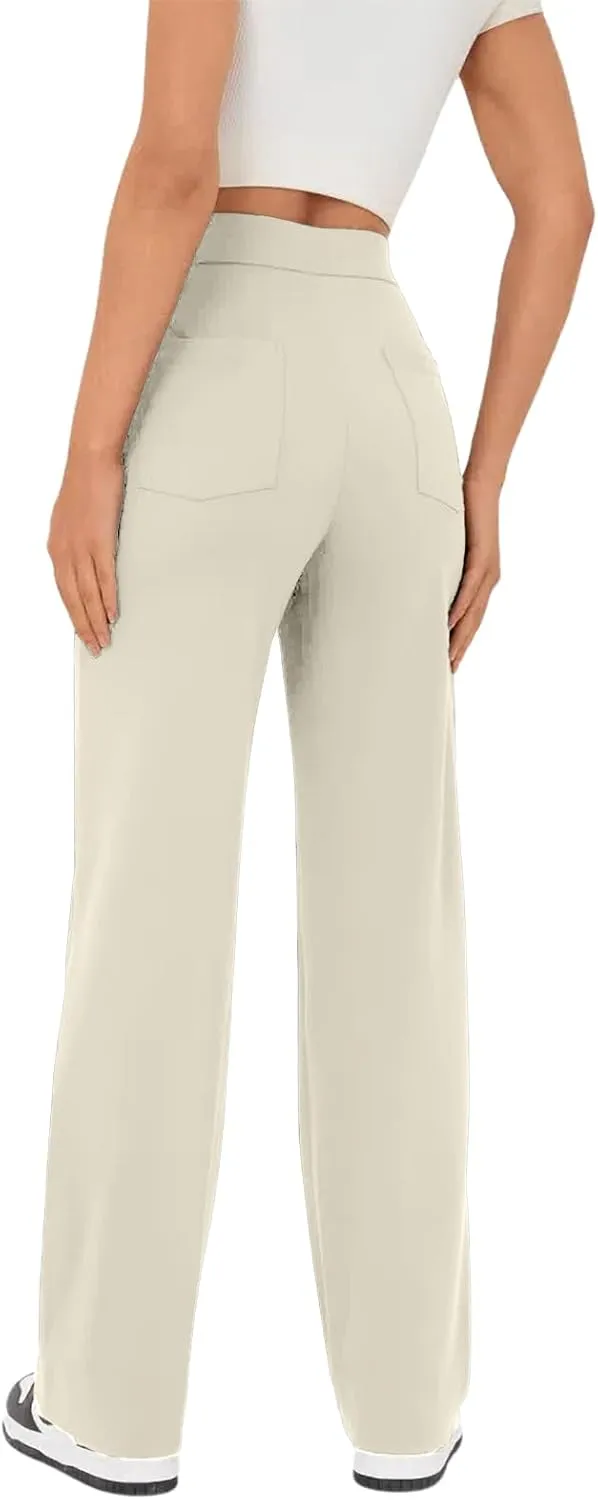 keriffe Women's Straight Leg Pants High Waisted Button Stretchy Business Work Casual Trousers Multiple Pockets