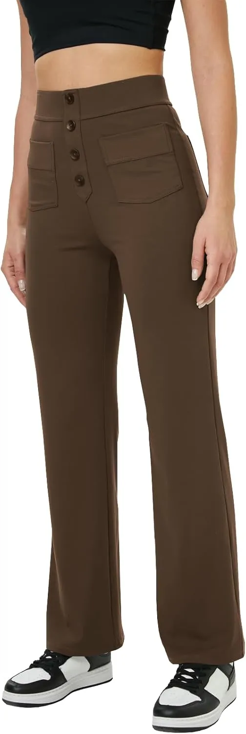 keriffe Women's Straight Leg Pants High Waisted Button Stretchy Business Work Casual Trousers Multiple Pockets