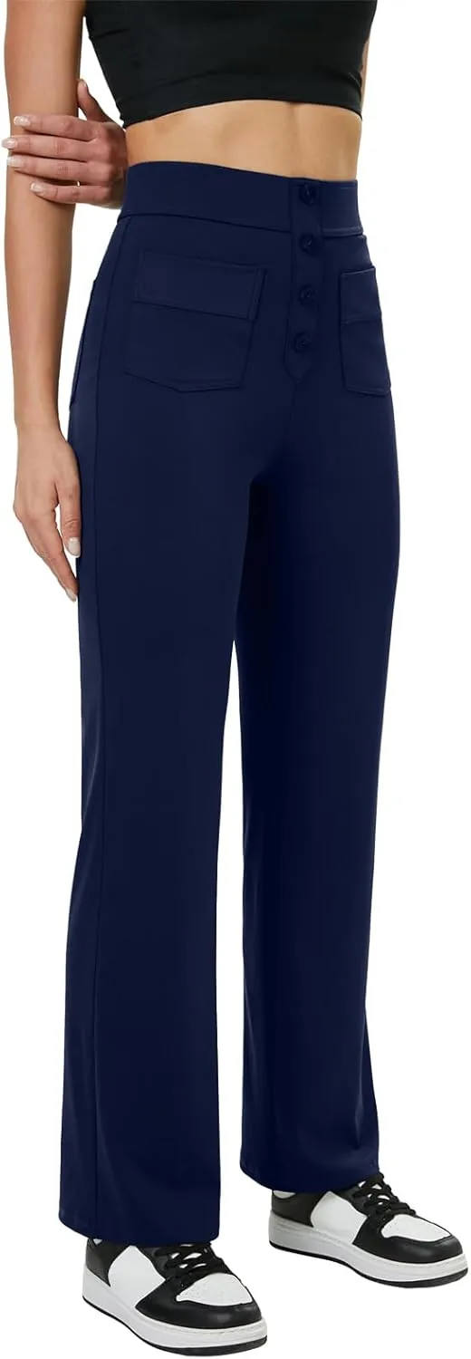 keriffe Women's Straight Leg Pants High Waisted Button Stretchy Business Work Casual Trousers Multiple Pockets