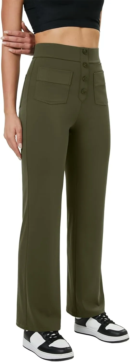 keriffe Women's Straight Leg Pants High Waisted Button Stretchy Business Work Casual Trousers Multiple Pockets