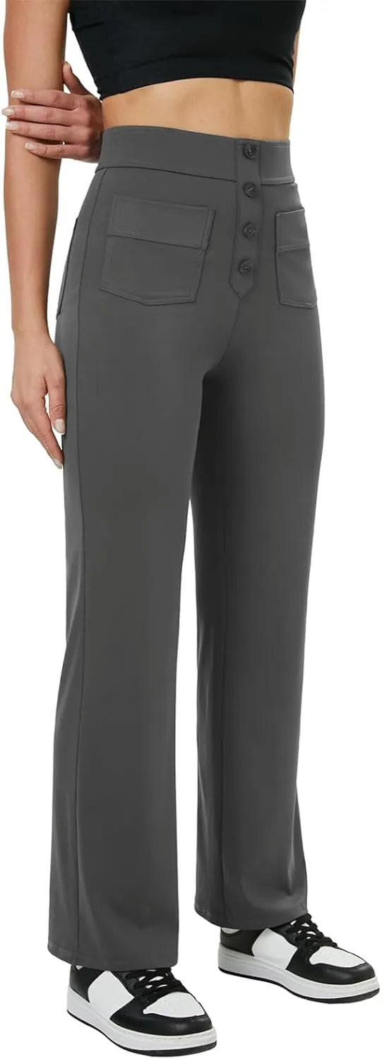 keriffe Women's Straight Leg Pants High Waisted Button Stretchy Business Work Casual Trousers Multiple Pockets