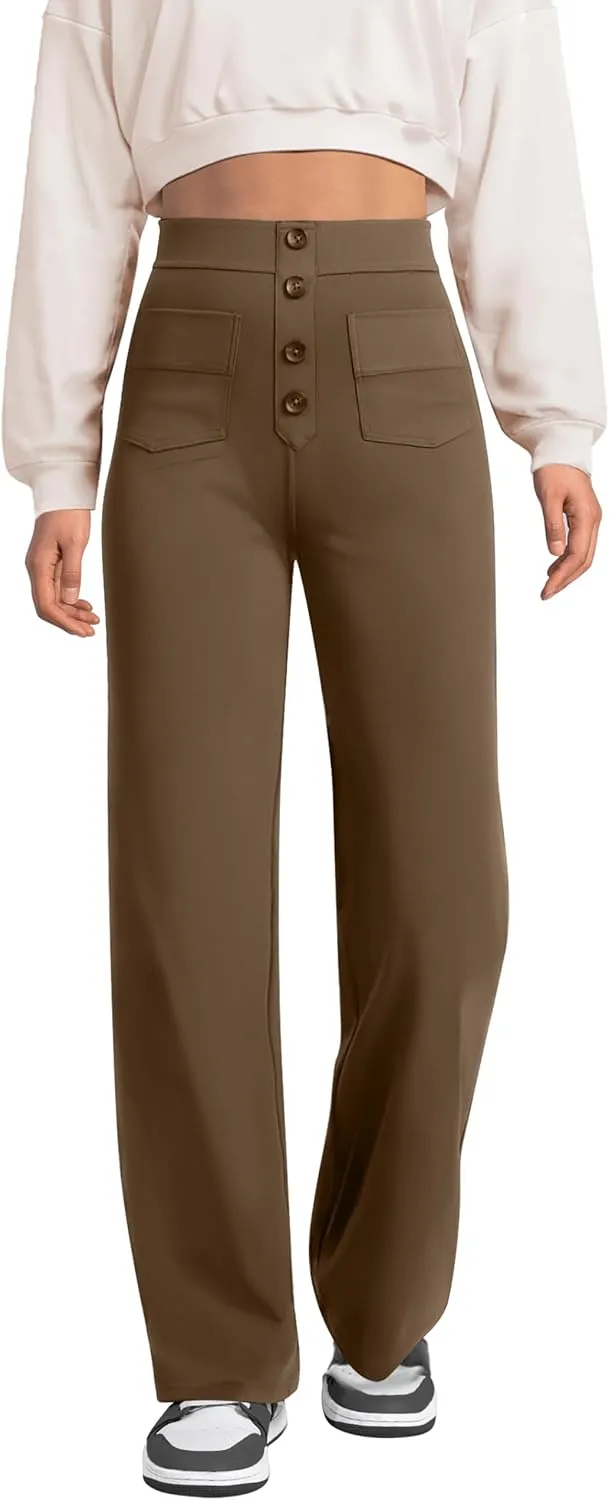 keriffe Women's Straight Leg Pants High Waisted Button Stretchy Business Work Casual Trousers Multiple Pockets