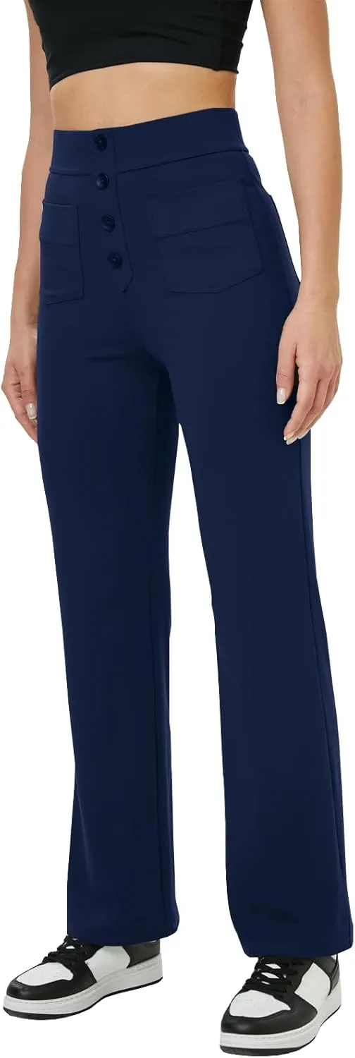 keriffe Women's Straight Leg Pants High Waisted Button Stretchy Business Work Casual Trousers Multiple Pockets