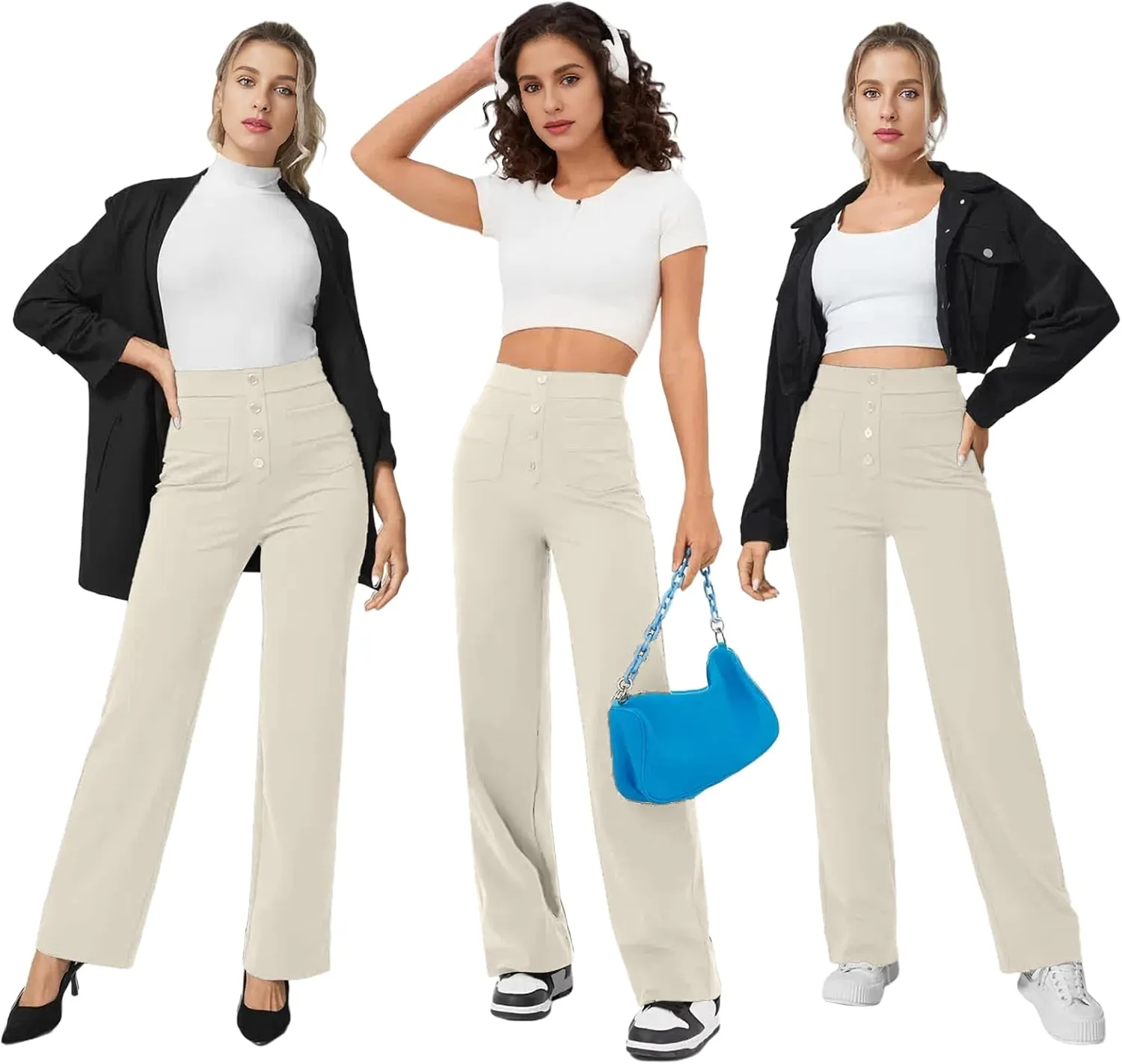 keriffe Women's Straight Leg Pants High Waisted Button Stretchy Business Work Casual Trousers Multiple Pockets