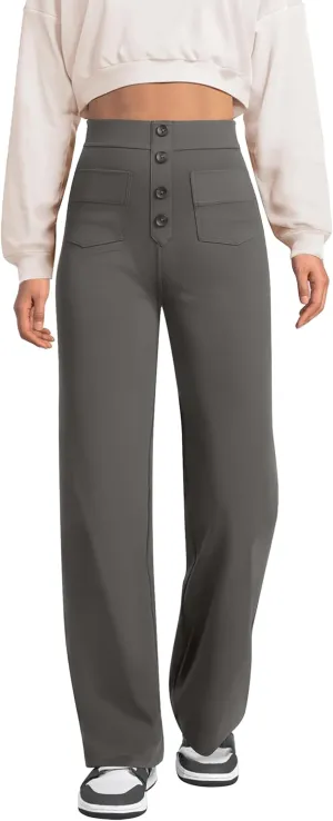 keriffe Women's Straight Leg Pants High Waisted Button Stretchy Business Work Casual Trousers Multiple Pockets