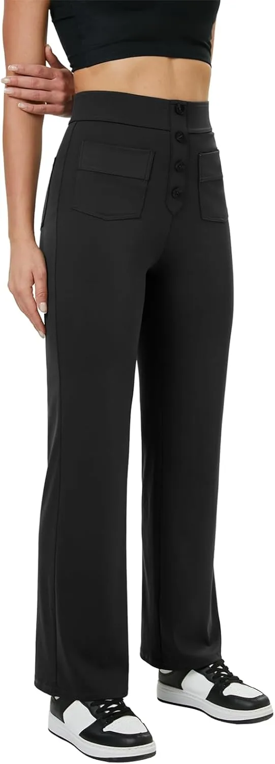 keriffe Women's Straight Leg Pants High Waisted Button Stretchy Business Work Casual Trousers Multiple Pockets