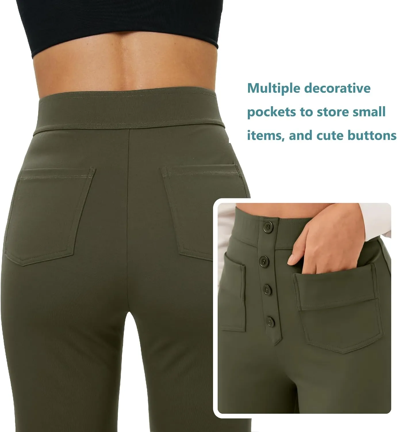 keriffe Women's Straight Leg Pants High Waisted Button Stretchy Business Work Casual Trousers Multiple Pockets