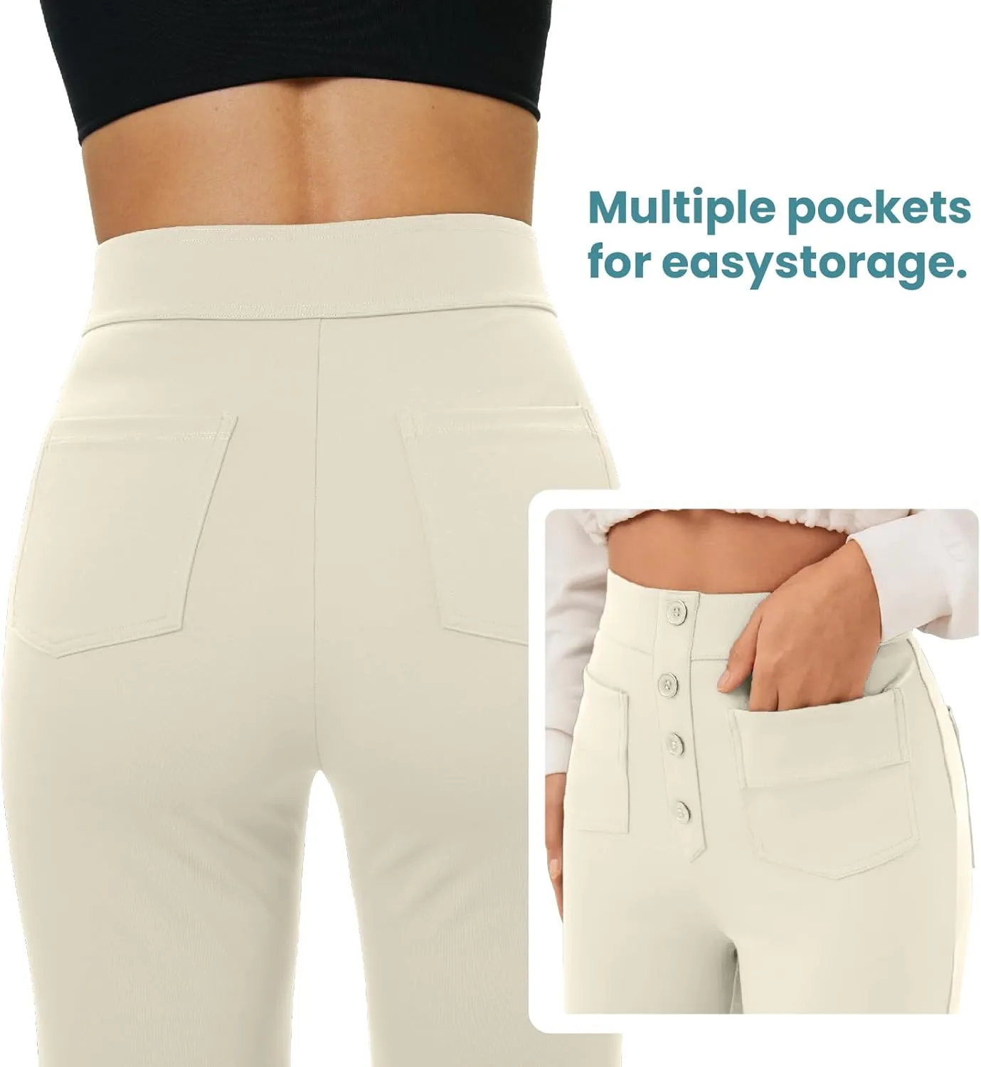 keriffe Women's Straight Leg Pants High Waisted Button Stretchy Business Work Casual Trousers Multiple Pockets