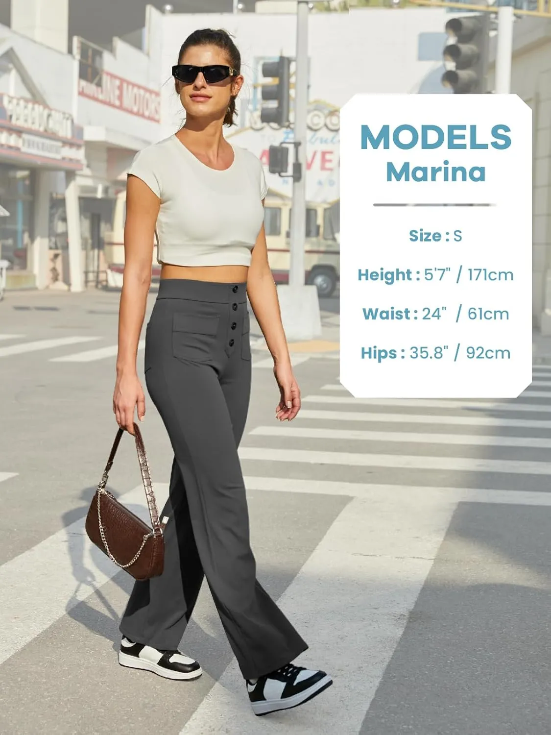 keriffe Women's Straight Leg Pants High Waisted Button Stretchy Business Work Casual Trousers Multiple Pockets