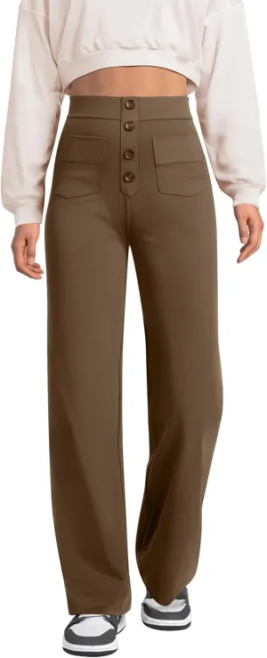 keriffe Women's Straight Leg Pants High Waisted Button Stretchy Business Work Casual Trousers Multiple Pockets