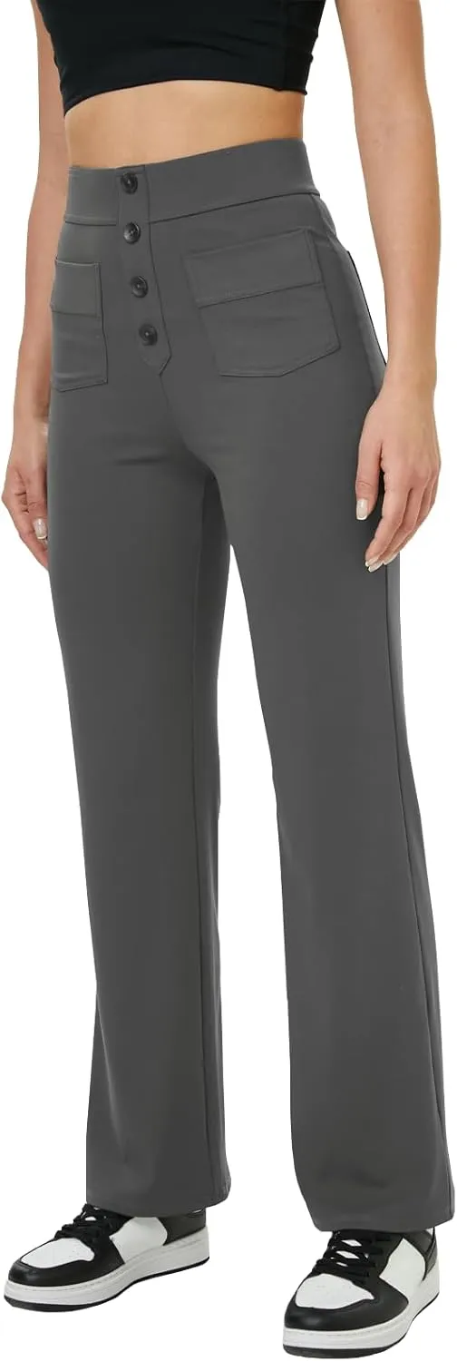 keriffe Women's Straight Leg Pants High Waisted Button Stretchy Business Work Casual Trousers Multiple Pockets
