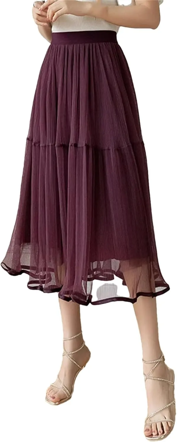 Korean Style Tiered Tulle Skirt Spring Summer High Waist Big Swing A-Line Skirt Ladies Elegant Midi Skirts