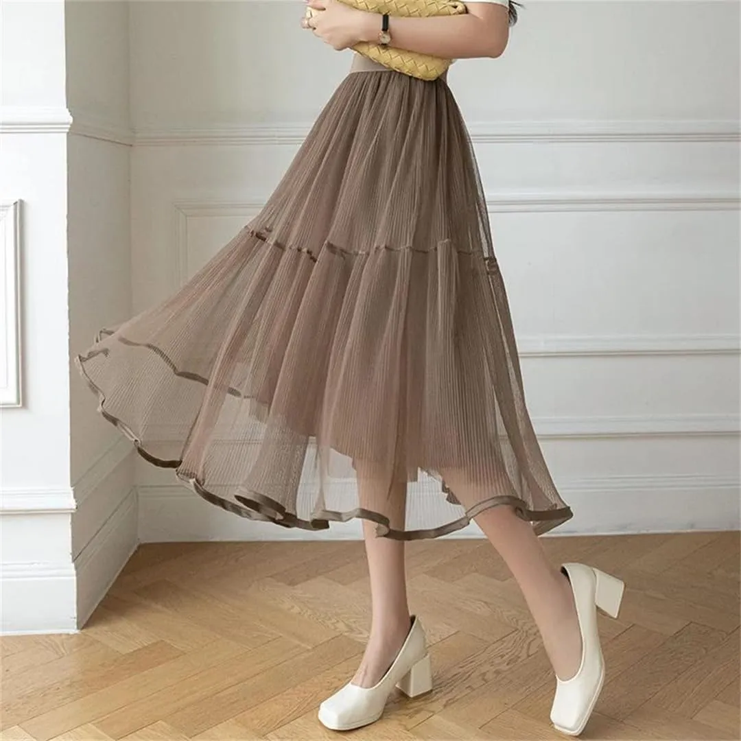 Korean Style Tiered Tulle Skirt Spring Summer High Waist Big Swing A-Line Skirt Ladies Elegant Midi Skirts