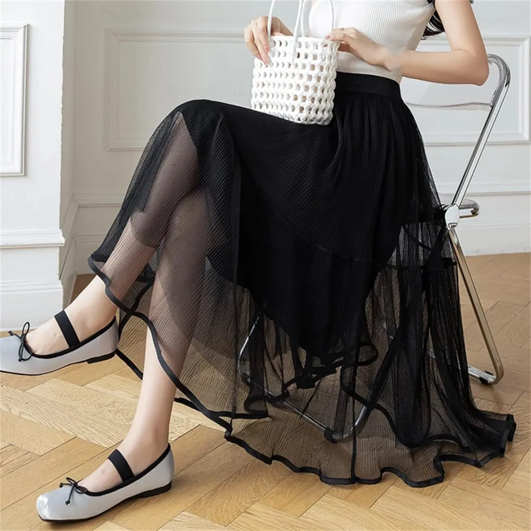 Korean Style Tiered Tulle Skirt Spring Summer High Waist Big Swing A-Line Skirt Ladies Elegant Midi Skirts