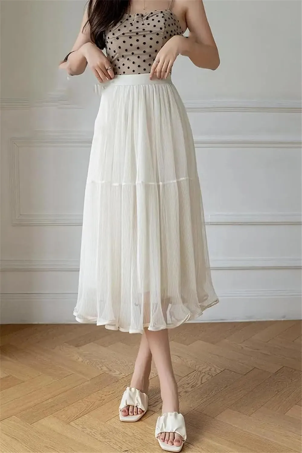 Korean Style Tiered Tulle Skirt Spring Summer High Waist Big Swing A-Line Skirt Ladies Elegant Midi Skirts