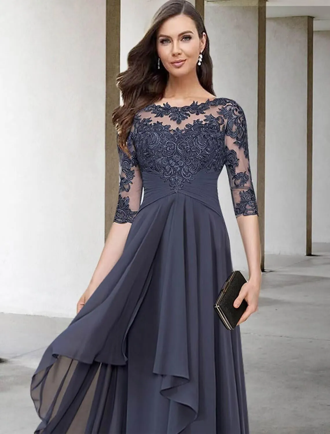 Lace Mother of The Bride Dresses with 3/4 Sleeve Applique Ruffle Chiffon A Line Formal Dresses for Wedding Guest