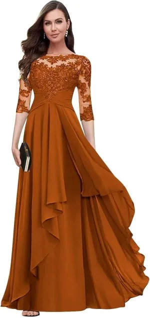 Lace Mother of The Bride Dresses with 3/4 Sleeve Applique Ruffle Chiffon A Line Formal Dresses for Wedding Guest