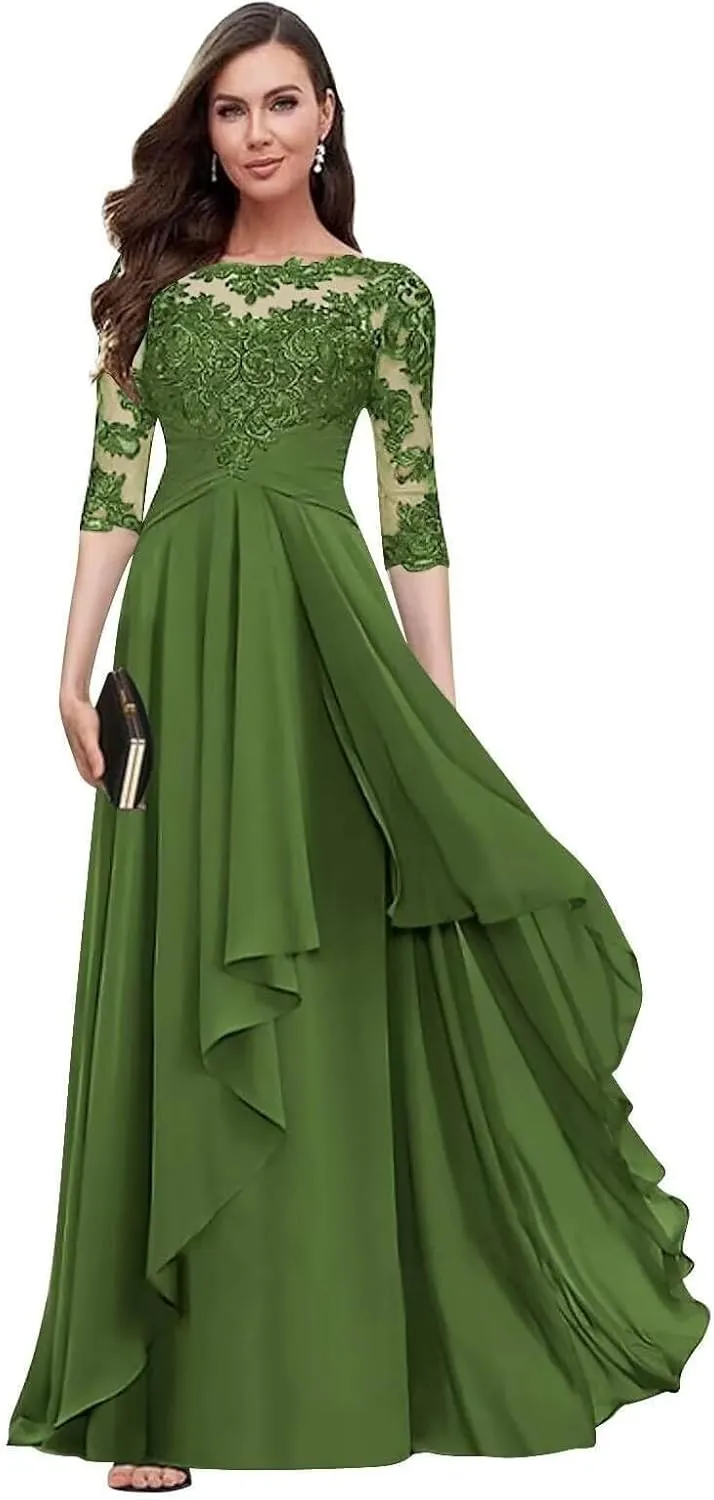 Lace Mother of The Bride Dresses with 3/4 Sleeve Applique Ruffle Chiffon A Line Formal Dresses for Wedding Guest