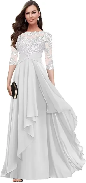 Lace Mother of The Bride Dresses with 3/4 Sleeve Applique Ruffle Chiffon A Line Formal Dresses for Wedding Guest