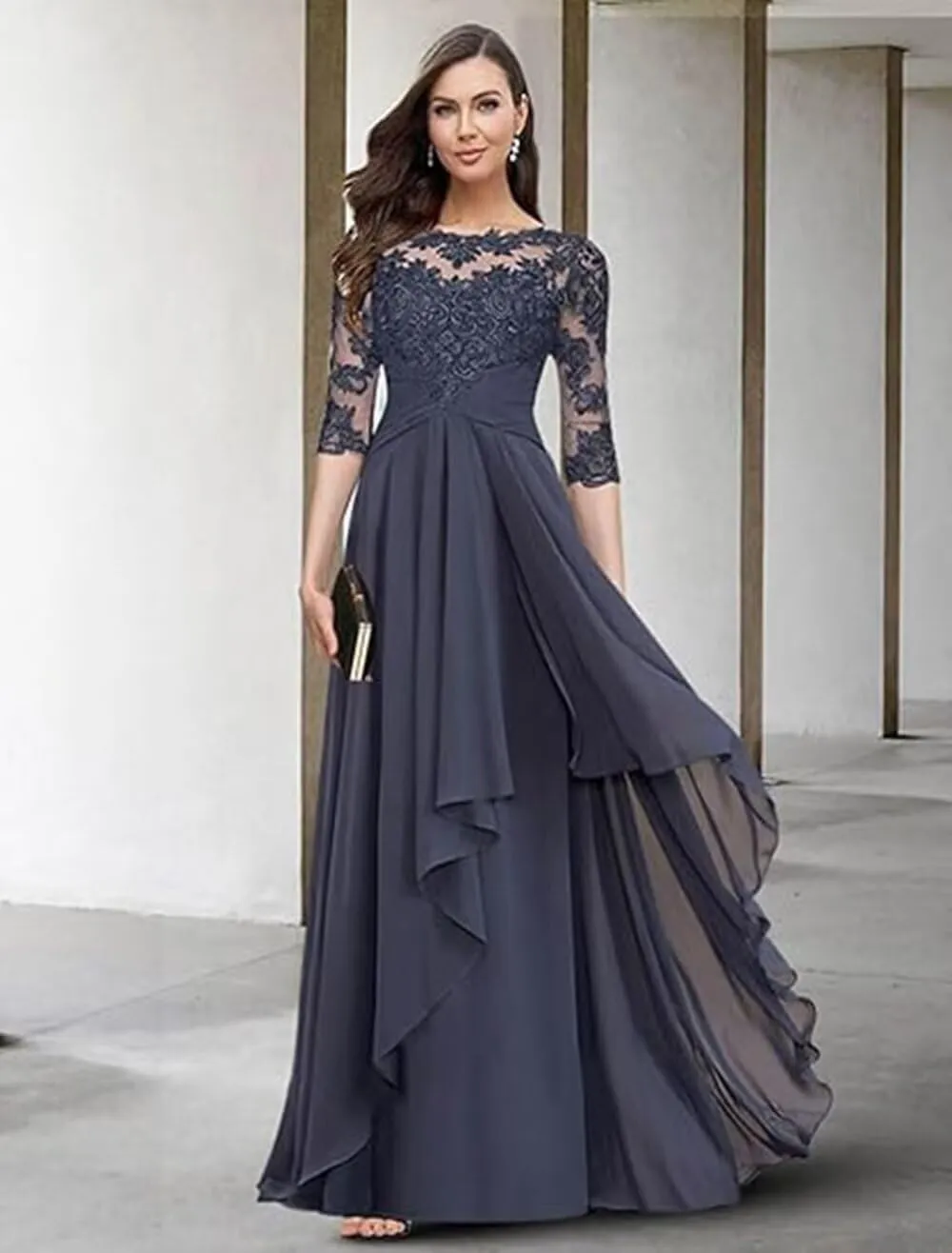 Lace Mother of The Bride Dresses with 3/4 Sleeve Applique Ruffle Chiffon A Line Formal Dresses for Wedding Guest