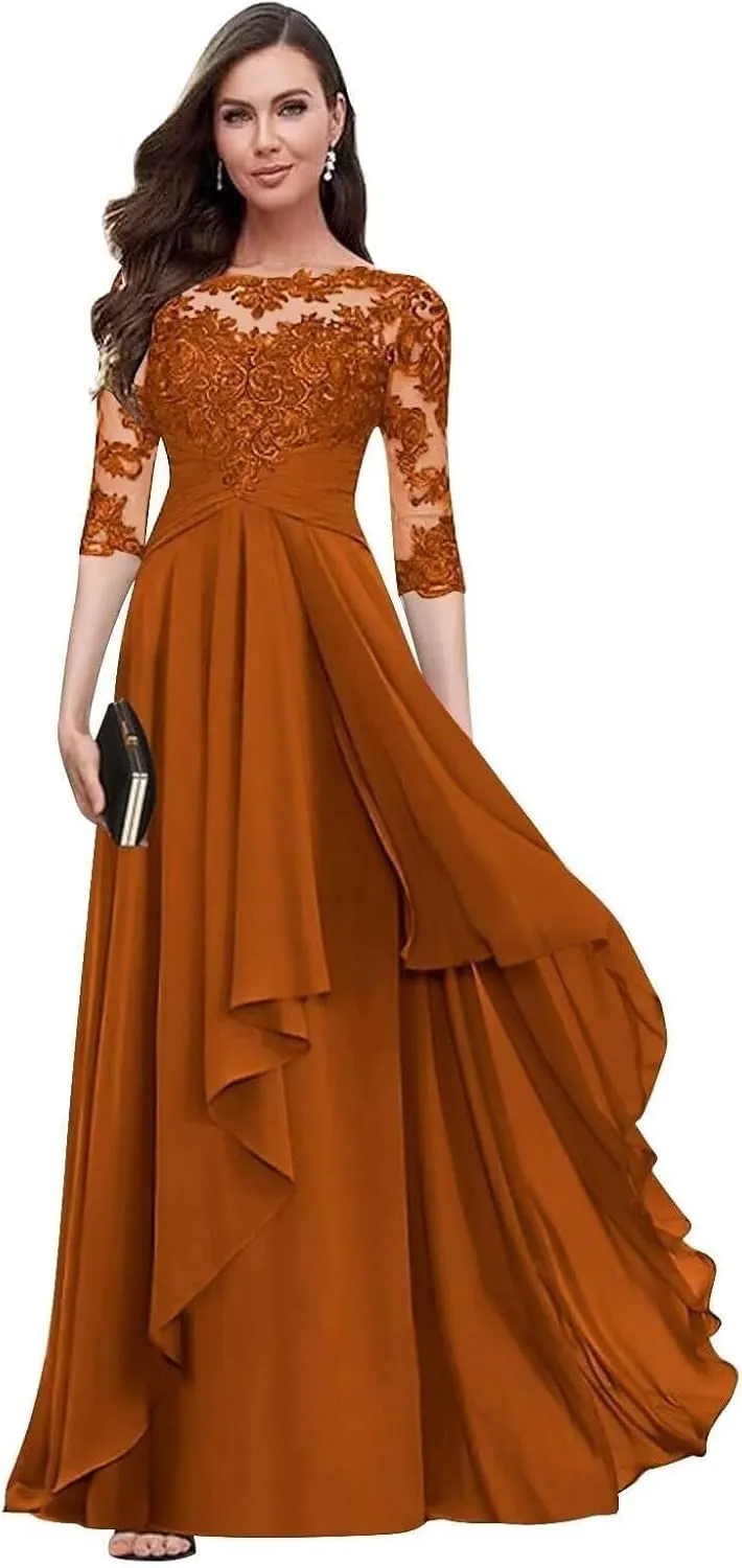 Lace Mother of The Bride Dresses with 3/4 Sleeve Applique Ruffle Chiffon A Line Formal Dresses for Wedding Guest