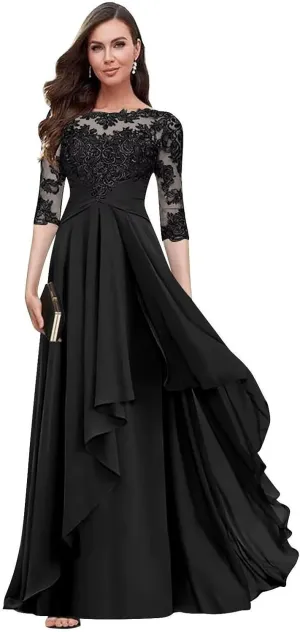 Lace Mother of The Bride Dresses with 3/4 Sleeve Applique Ruffle Chiffon A Line Formal Dresses for Wedding Guest