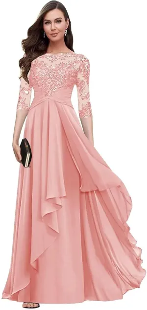 Lace Mother of The Bride Dresses with 3/4 Sleeve Applique Ruffle Chiffon A Line Formal Dresses for Wedding Guest
