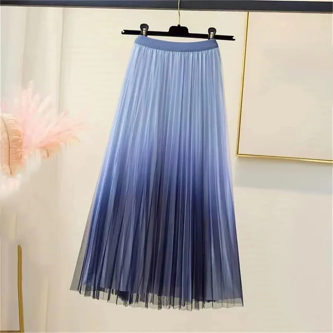 Lady Skirts High Waist Women Pleated Skirts Spring Summer Female Mesh Midi Patchwork Skirt