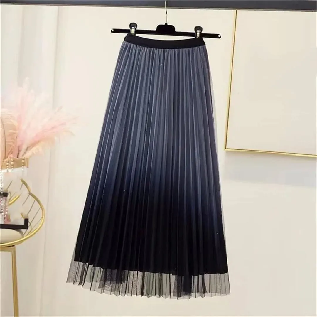 Lady Skirts High Waist Women Pleated Skirts Spring Summer Female Mesh Midi Patchwork Skirt