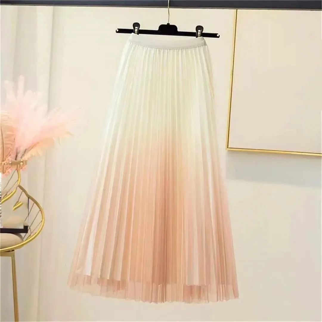 Lady Skirts High Waist Women Pleated Skirts Spring Summer Female Mesh Midi Patchwork Skirt