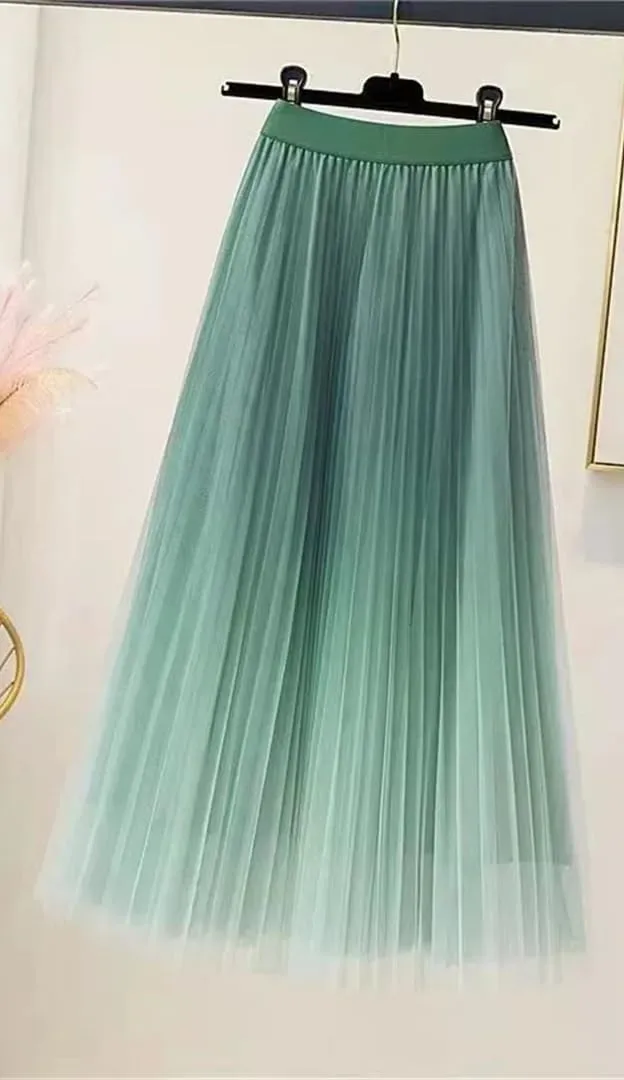 Lady Skirts High Waist Women Pleated Skirts Spring Summer Female Mesh Midi Patchwork Skirt