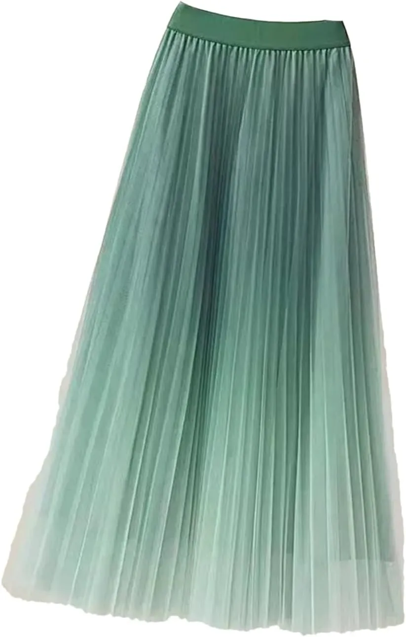 Lady Skirts High Waist Women Pleated Skirts Spring Summer Female Mesh Midi Patchwork Skirt