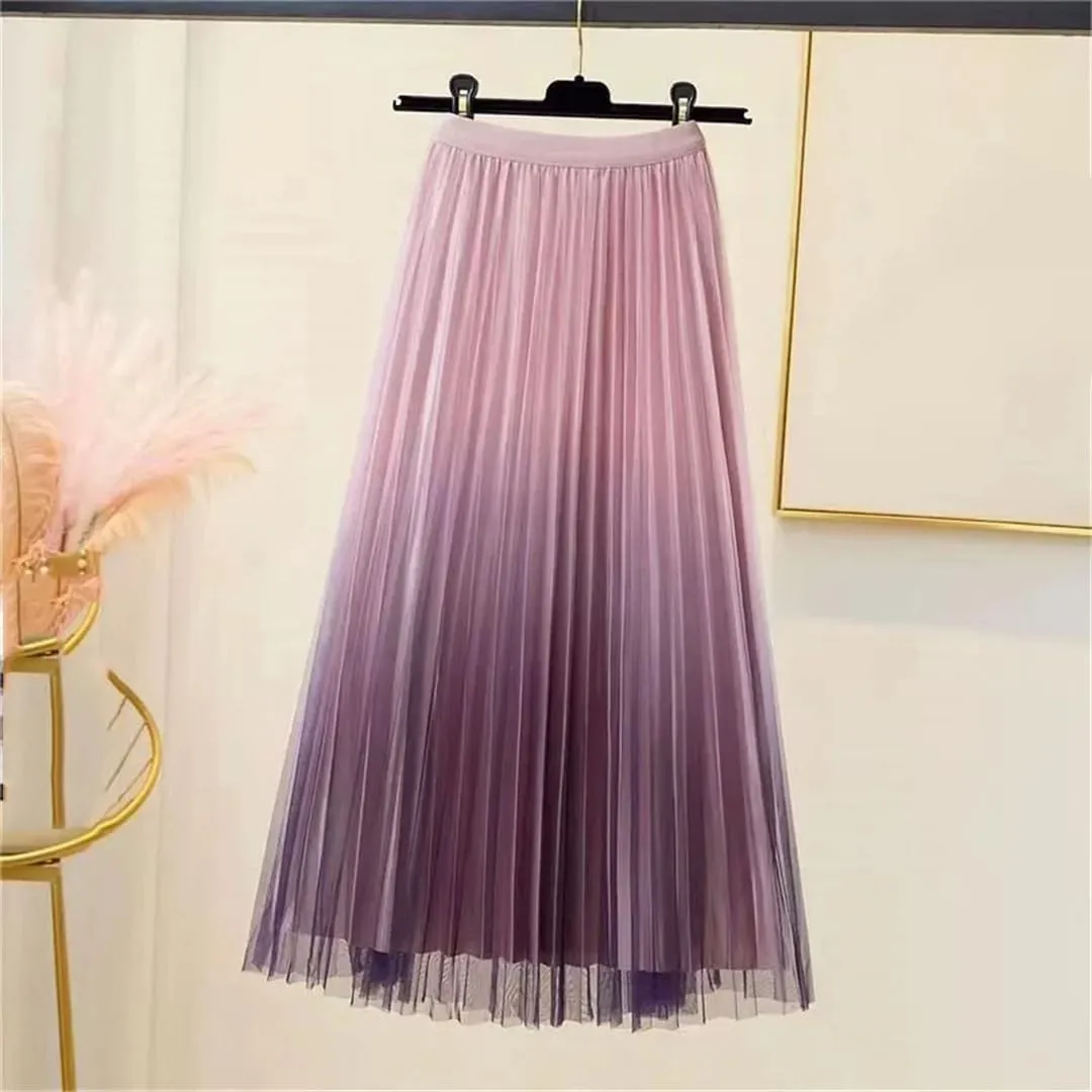 Lady Skirts High Waist Women Pleated Skirts Spring Summer Female Mesh Midi Patchwork Skirt