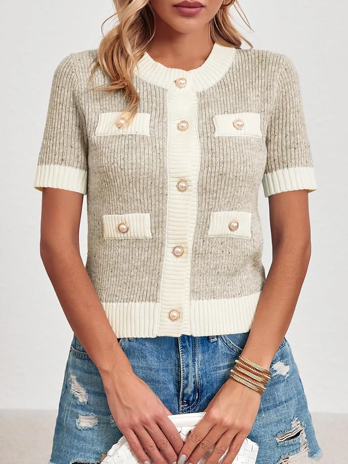 Langwyqu Womens Short Sleeve Button Down Cardigans Sweater Cropped Lightweight Crew Neck Elegant Tops
