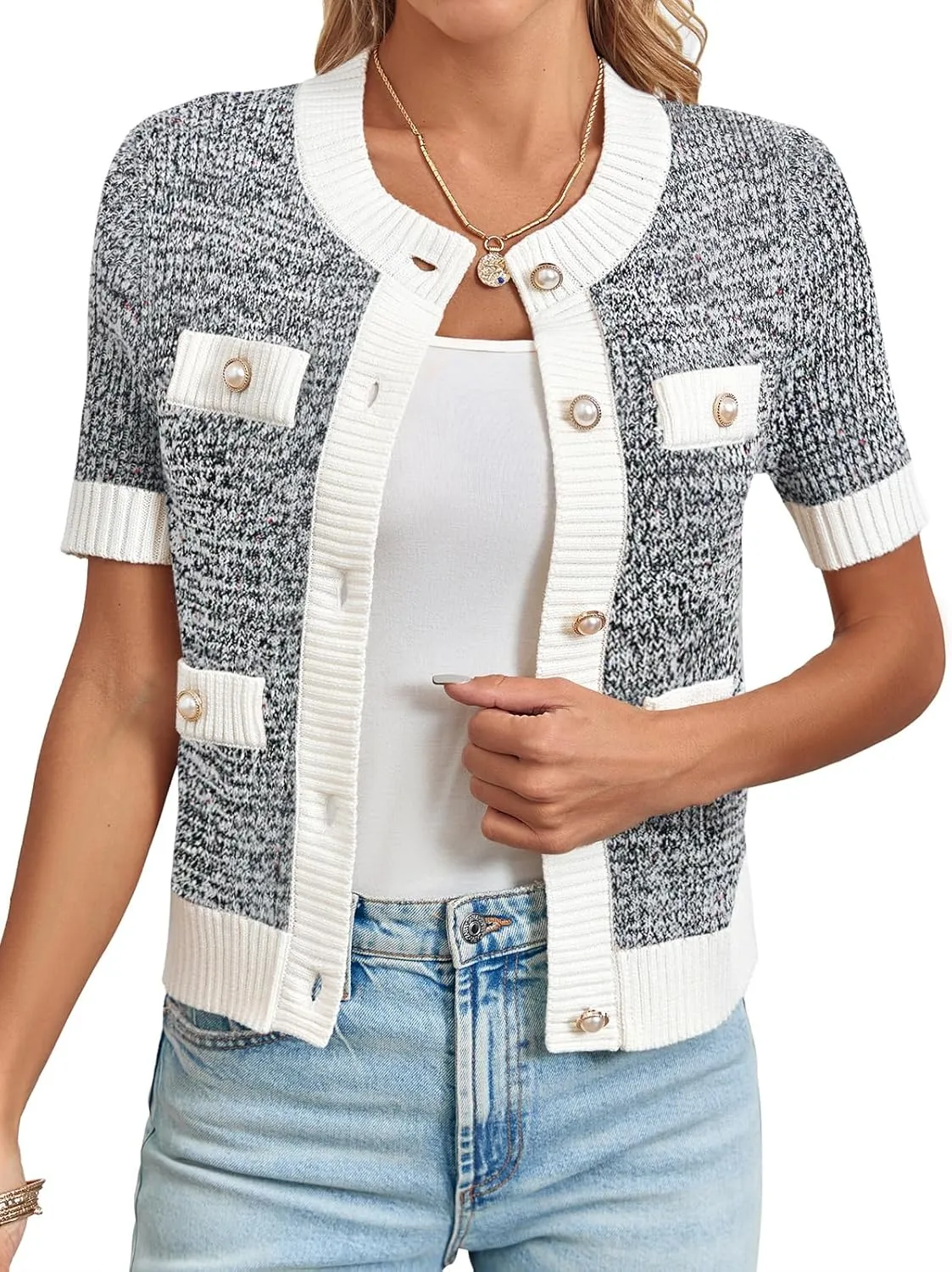 Langwyqu Womens Short Sleeve Button Down Cardigans Sweater Cropped Lightweight Crew Neck Elegant Tops