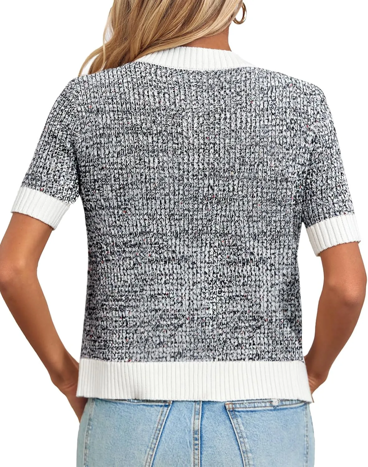 Langwyqu Womens Short Sleeve Button Down Cardigans Sweater Cropped Lightweight Crew Neck Elegant Tops
