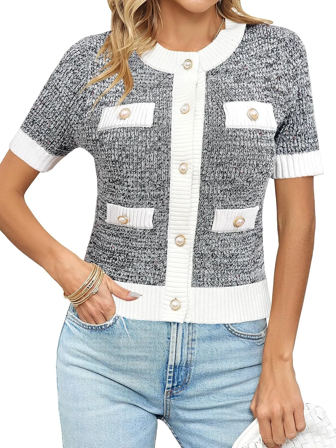 Langwyqu Womens Short Sleeve Button Down Cardigans Sweater Cropped Lightweight Crew Neck Elegant Tops